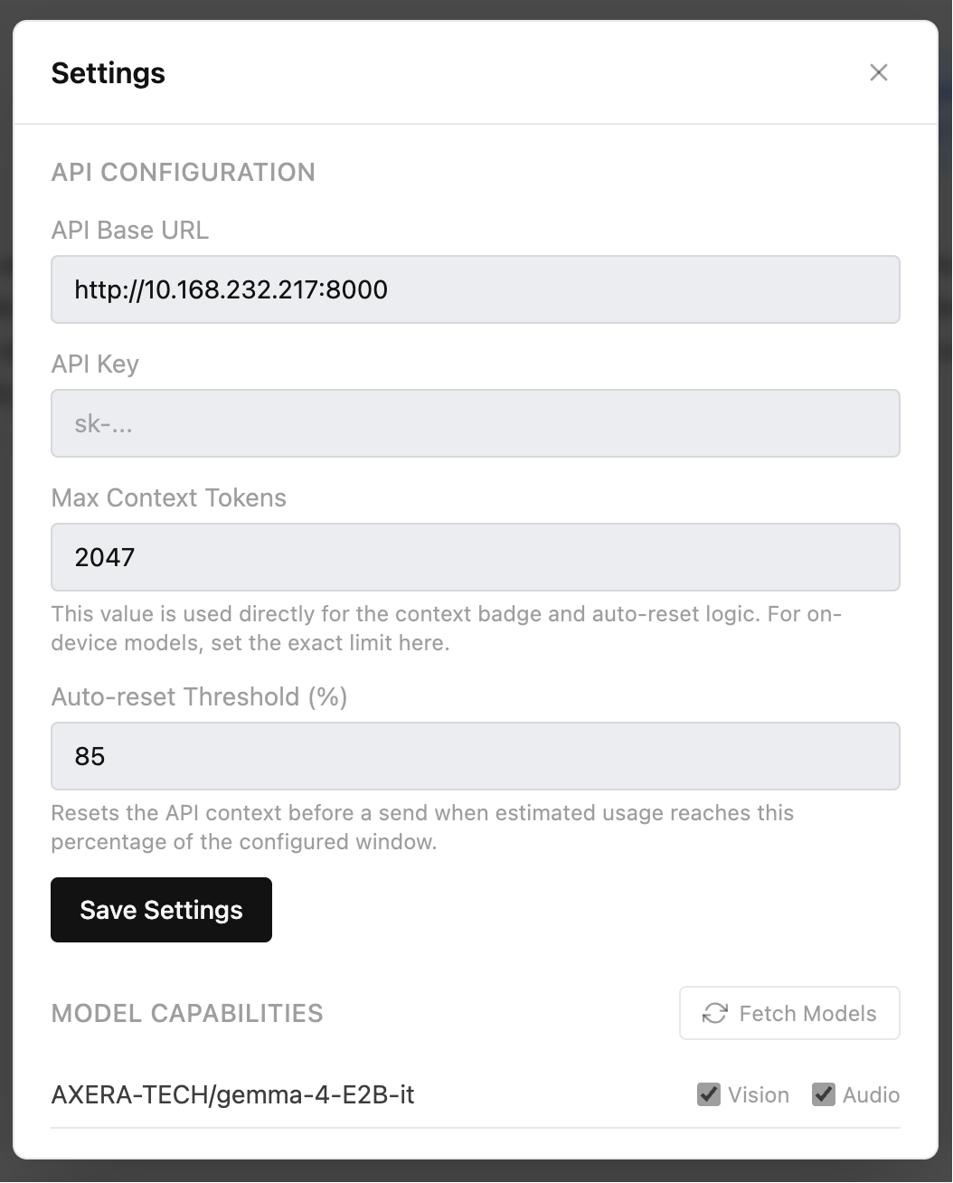 Settings screen