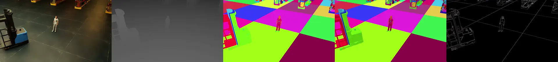 Forklift–human near-miss — full 10-second run shown across all 5 modalities (left to right: RGB, depth, instance segmentation, shaded segmentation, canny edges).